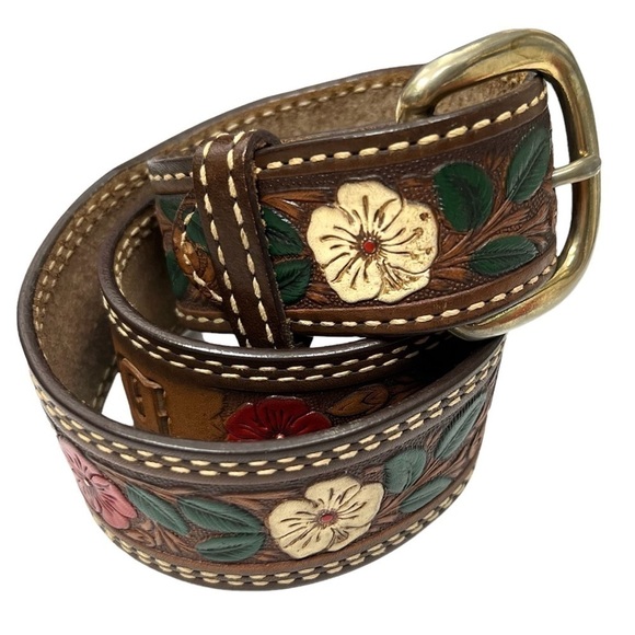 VINTAGE Belt Hand Tooled Leather “Debbie” Flowers Leaves Western Rodeo Texas main image 8